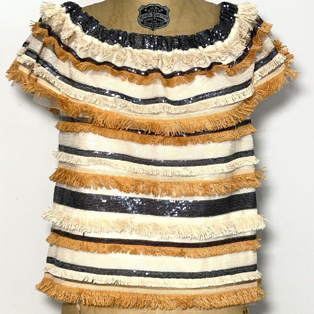 Waverly Grey Quin Top Fringe Sequin Boho Off Shoulder Cropped NWT M